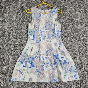 Forever 21 Contemporary Floral Fit & Flare Sleeveless Mini Dress Blue Pink S